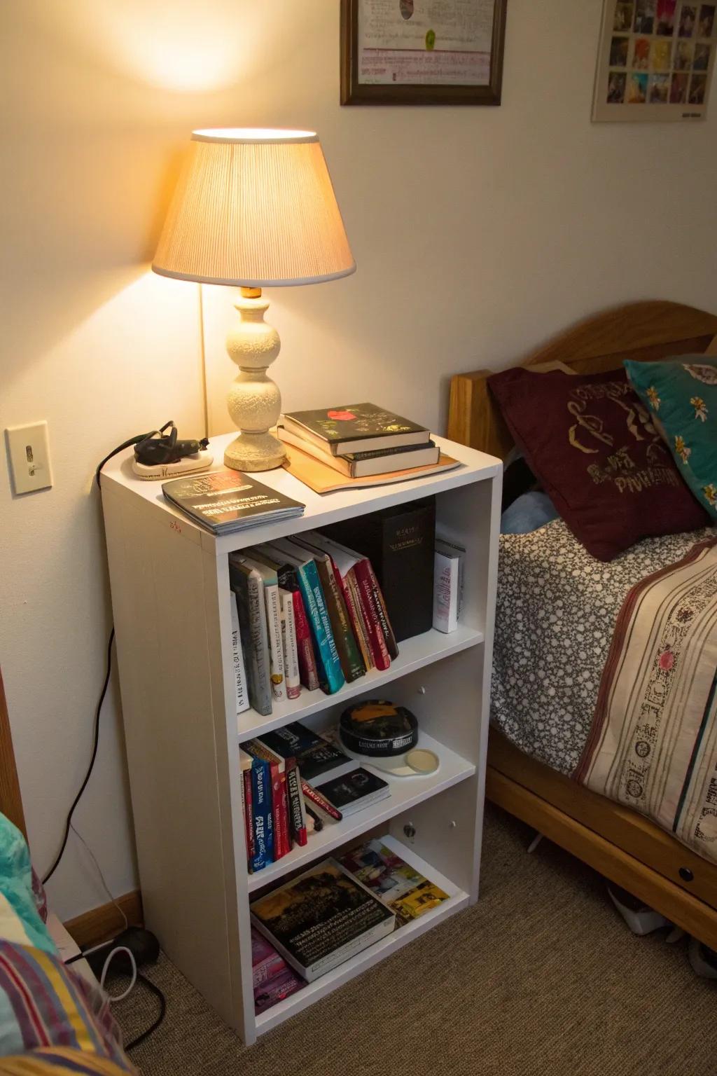 A streamlined shelving unit contributes both visual appeal and practicality to a dorm setting.