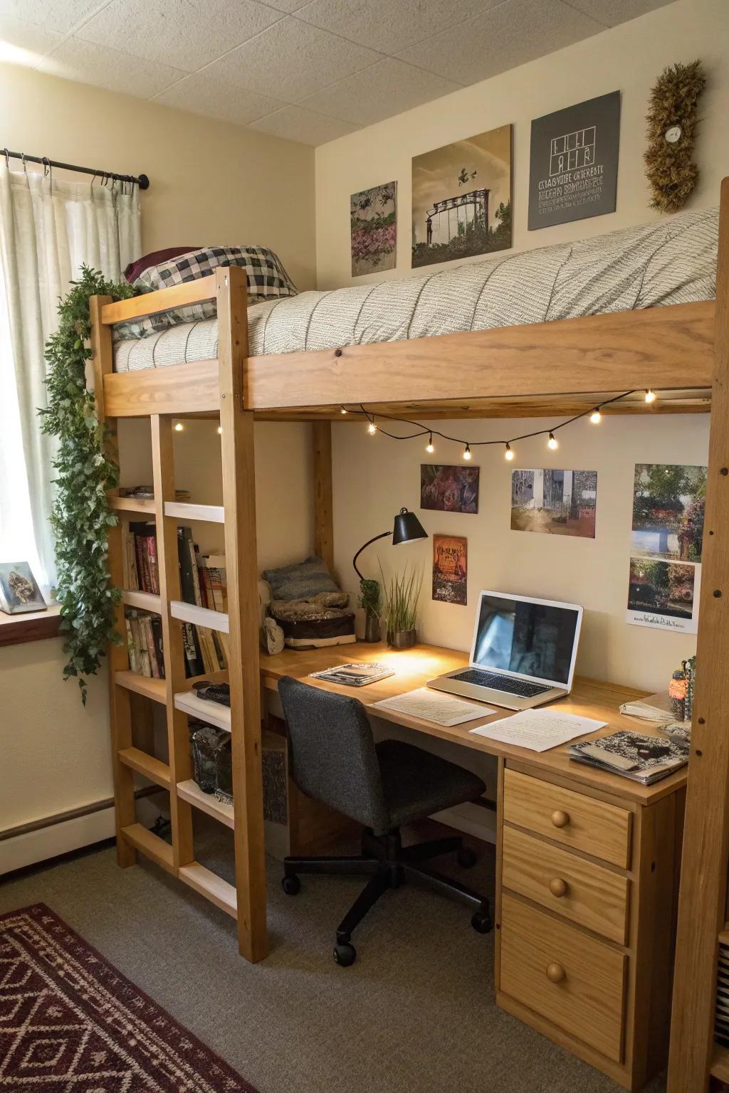 High sleeping platforms greatly enhance the use of space and the functionality of rooms in college dorms.
