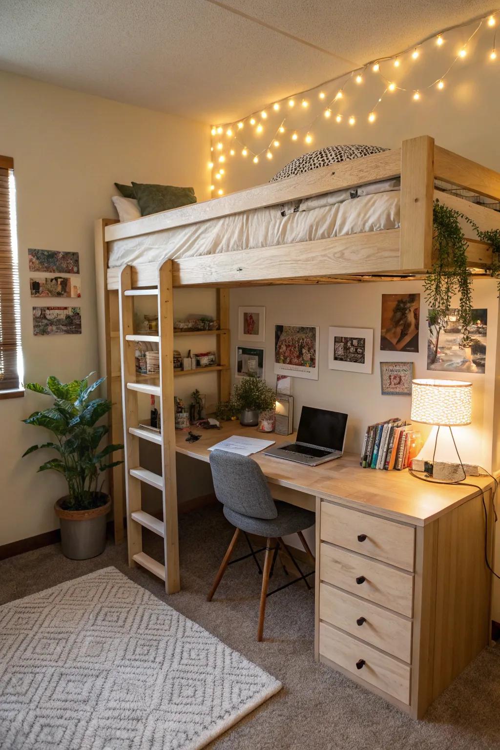 A lofted bed maximizes space by creating a study area below.