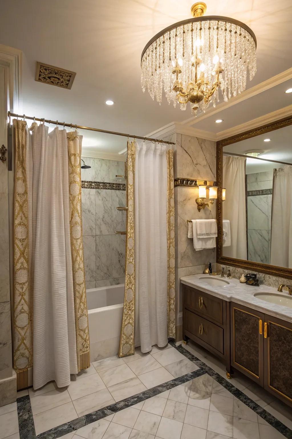 Double shower curtains combined with elegant components fashion a spa-like setting.