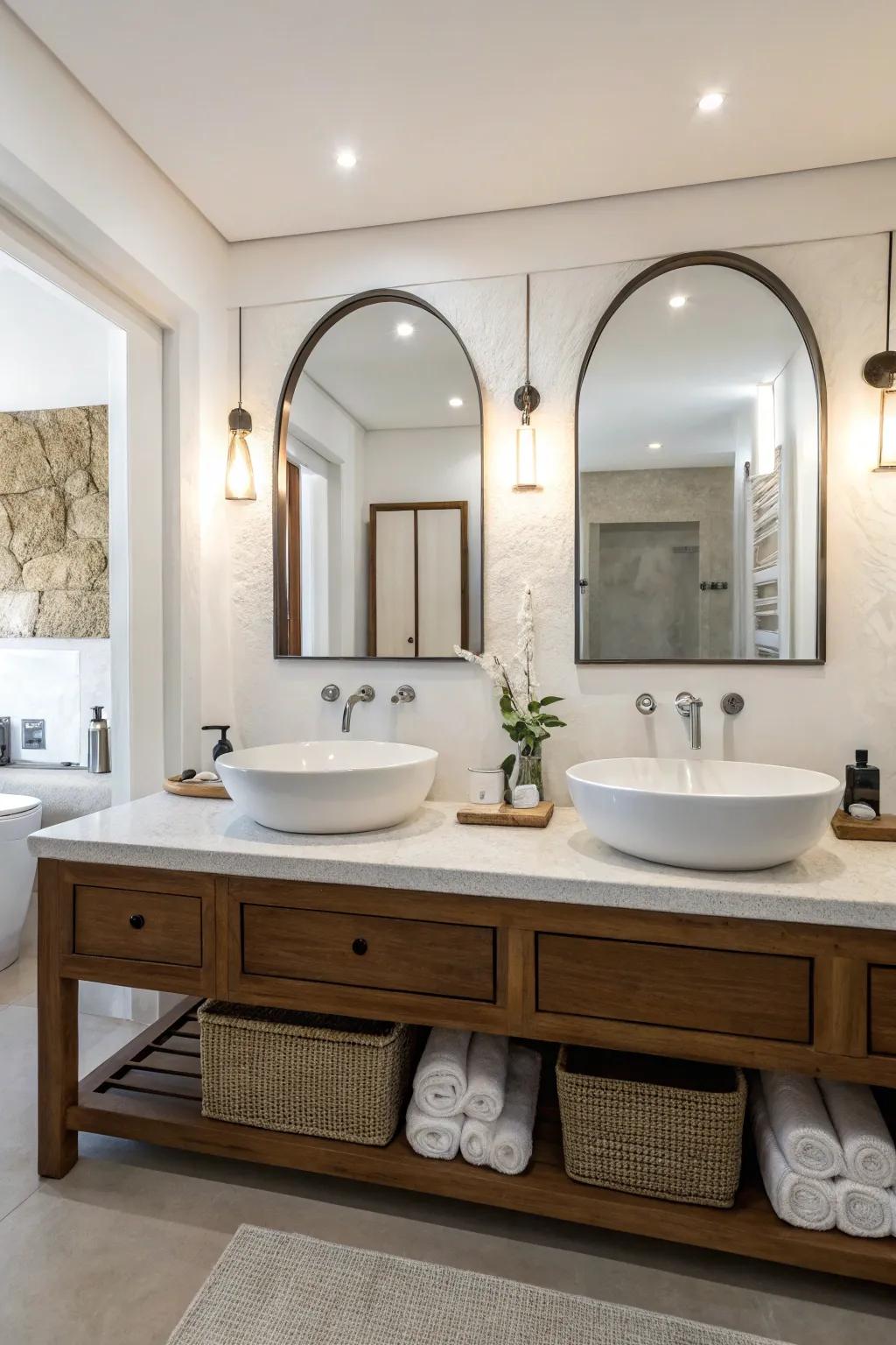 A modern minimalist bathroom featuring sleek double sinks and understated hardware.
