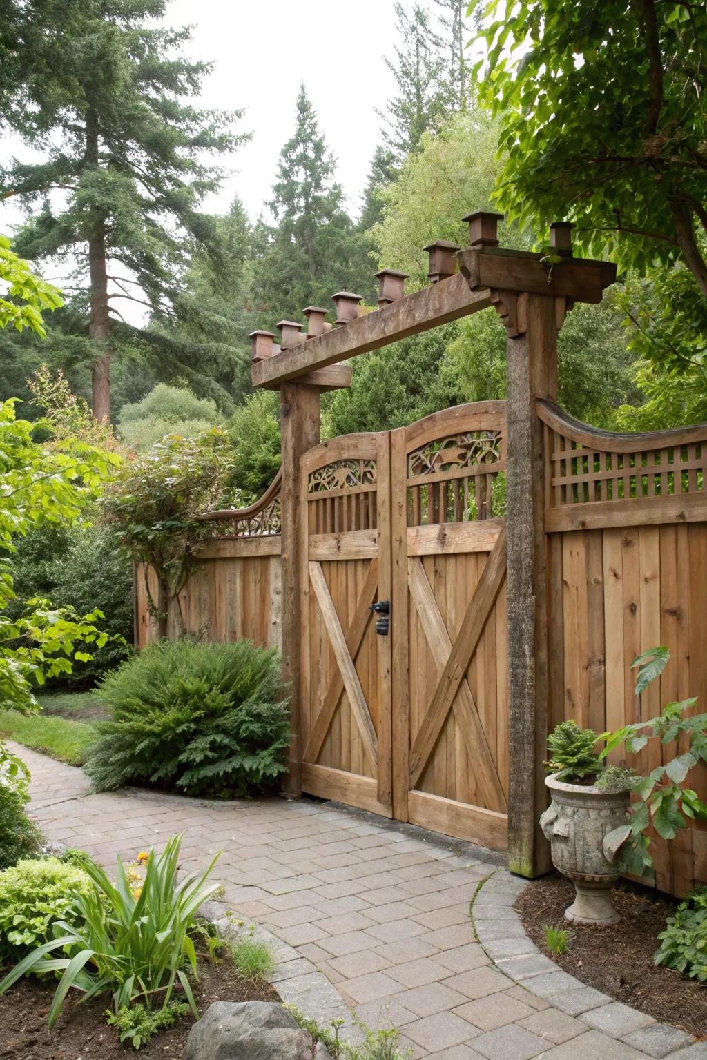 A timeless lumber entrance blending effortlessly with the garden's natural beauty.