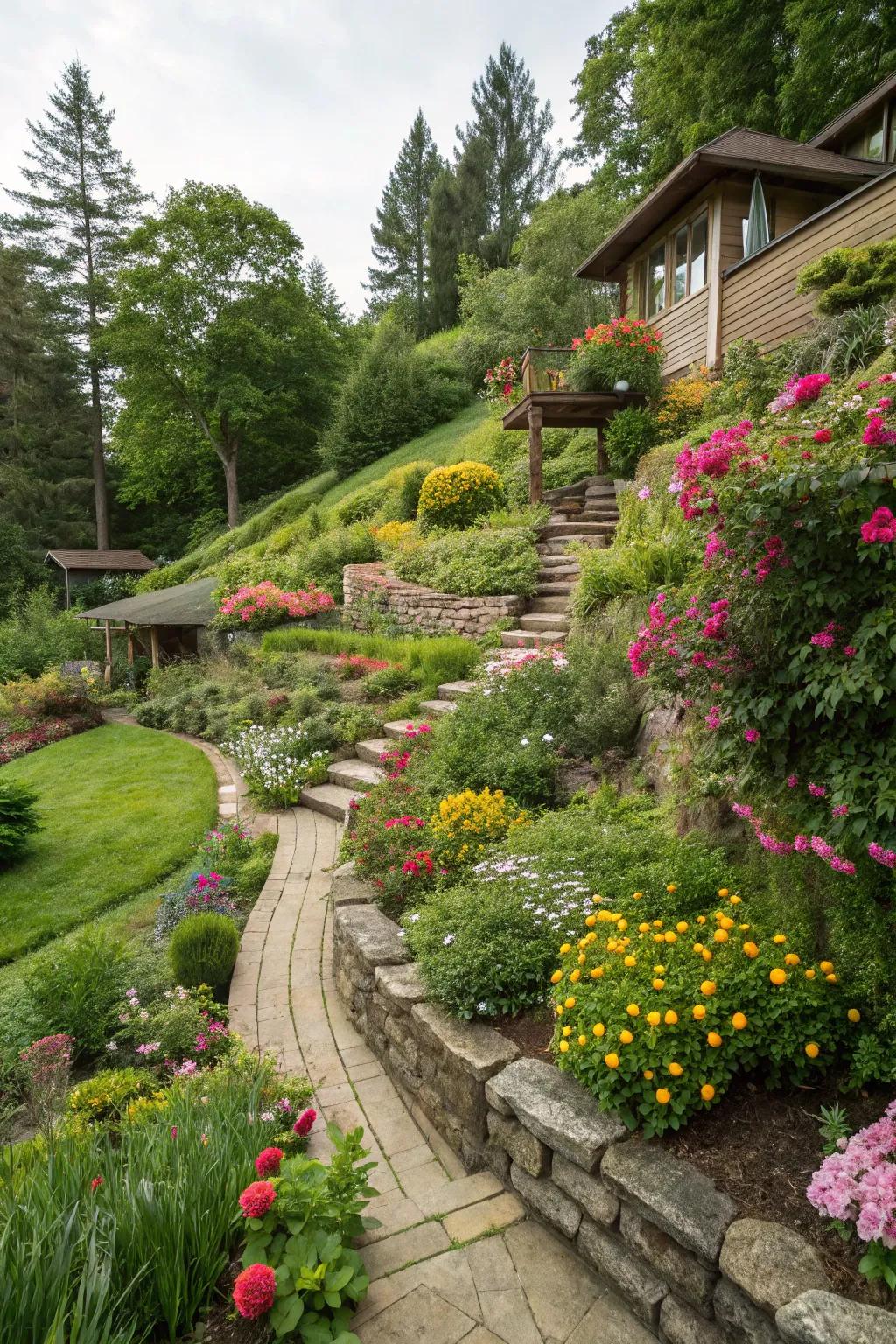 Tiered gardens bring organization and beauty to your sloping backyard.