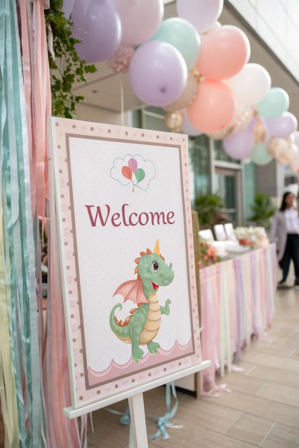 A delightful dragon-themed greeting sign welcomes everyone.