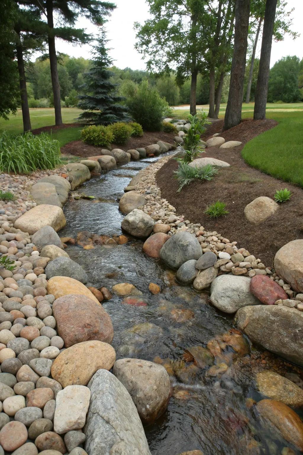 Natural stones crafting an elegant, functional flow within this drainage swale.