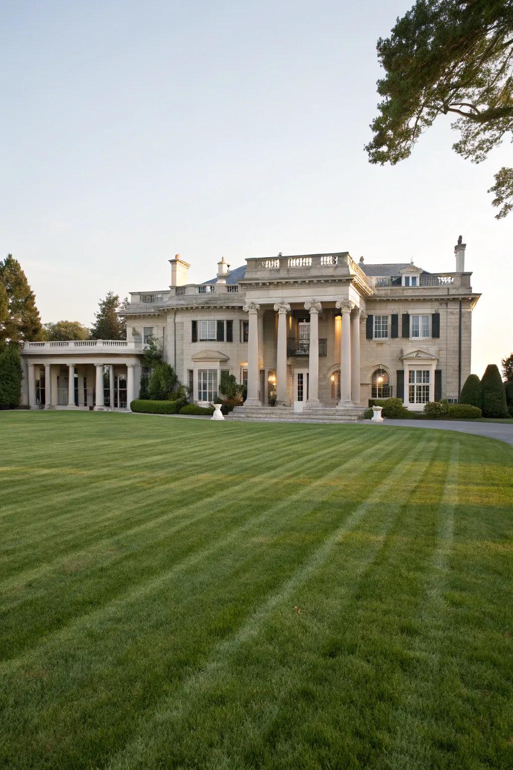 A magnificent home featuring an elegant facade and expansive front lawn.