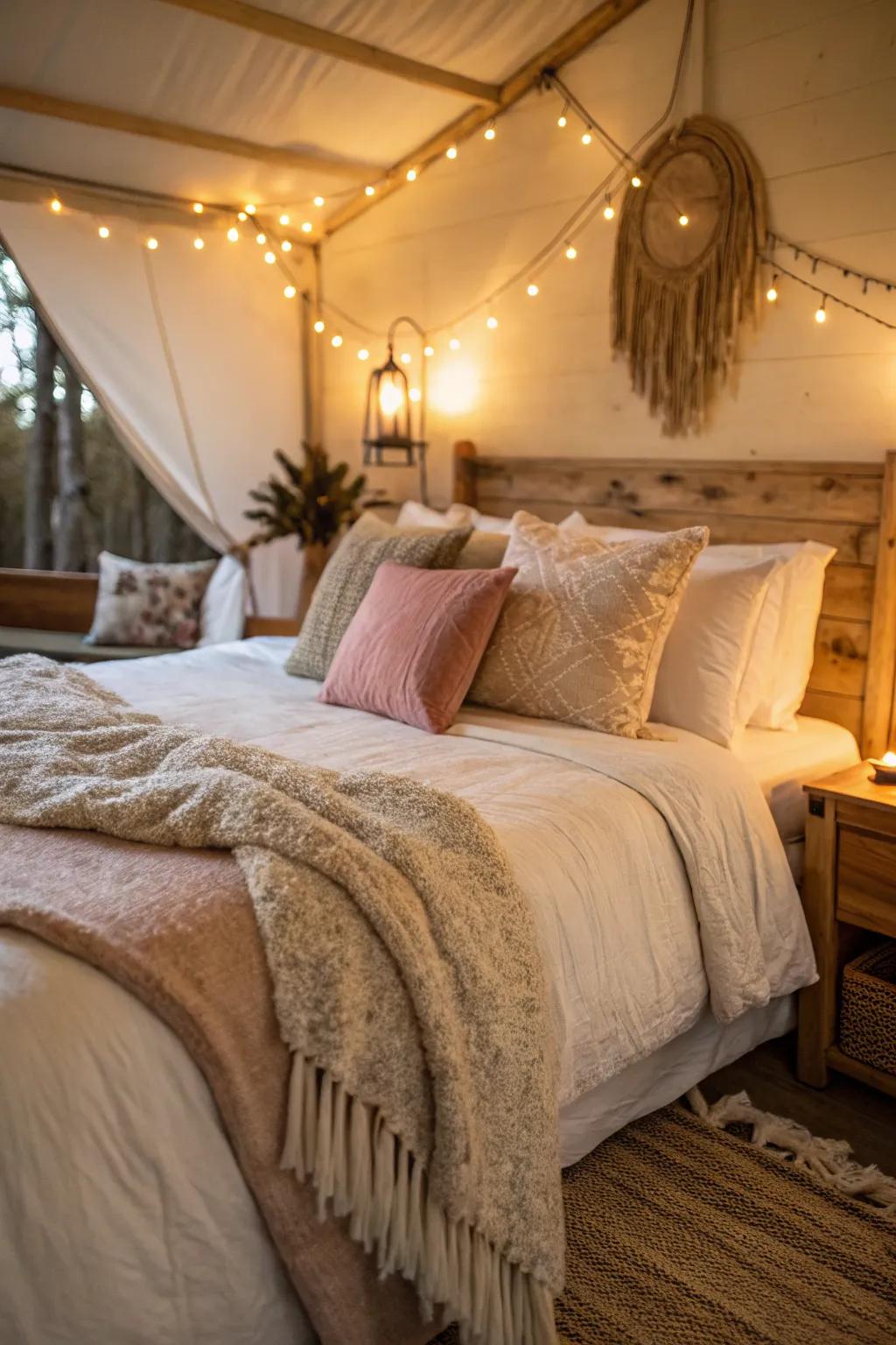 A comfortable bedroom featuring soft cushions and a cozy throw, creating an inviting ambiance.