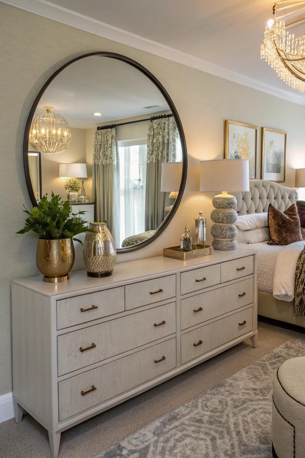A round mirror adds depth and enhances the light above the dresser.