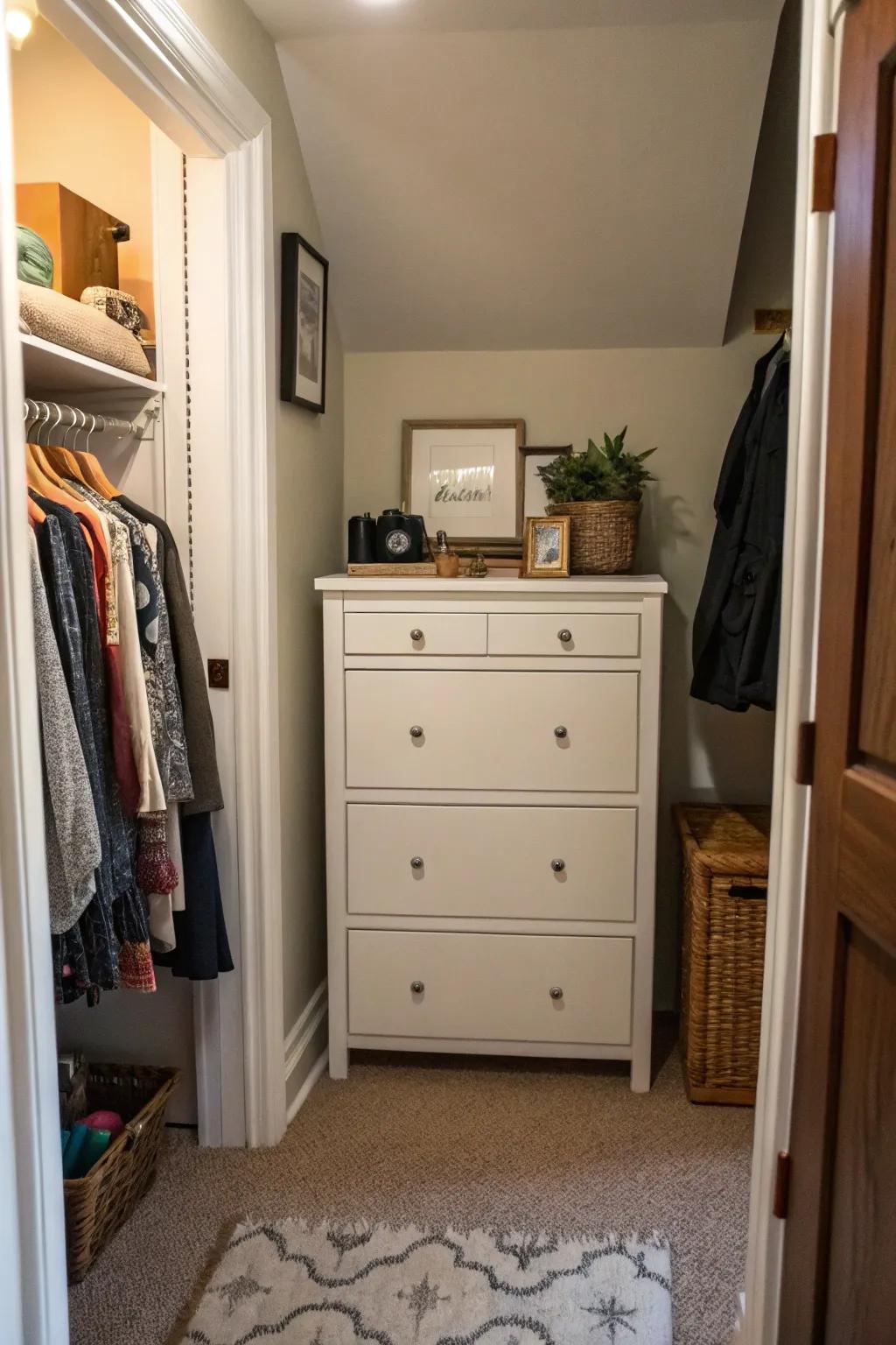 A small dresser fitting seamlessly into the corner of a bedroom, providing plentiful storage with a small footprint.