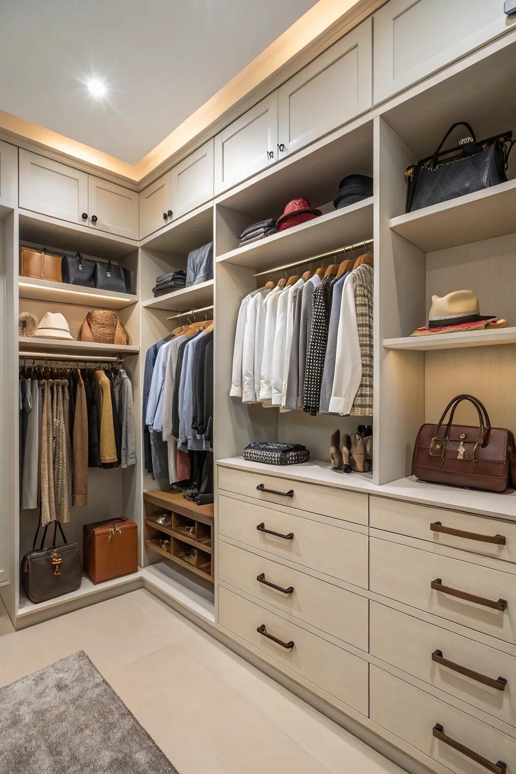 Bespoke storage optimizes space and organization in any dressing area.