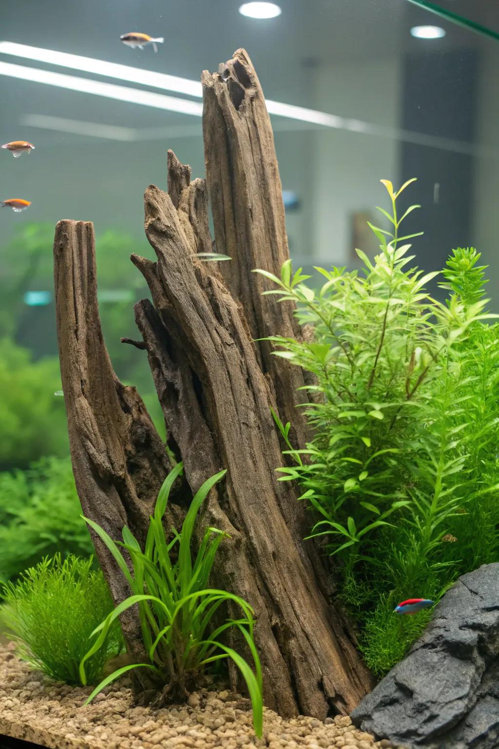 An aquarium turned into a flourishing, underwater forest with upright timber look-alikes.