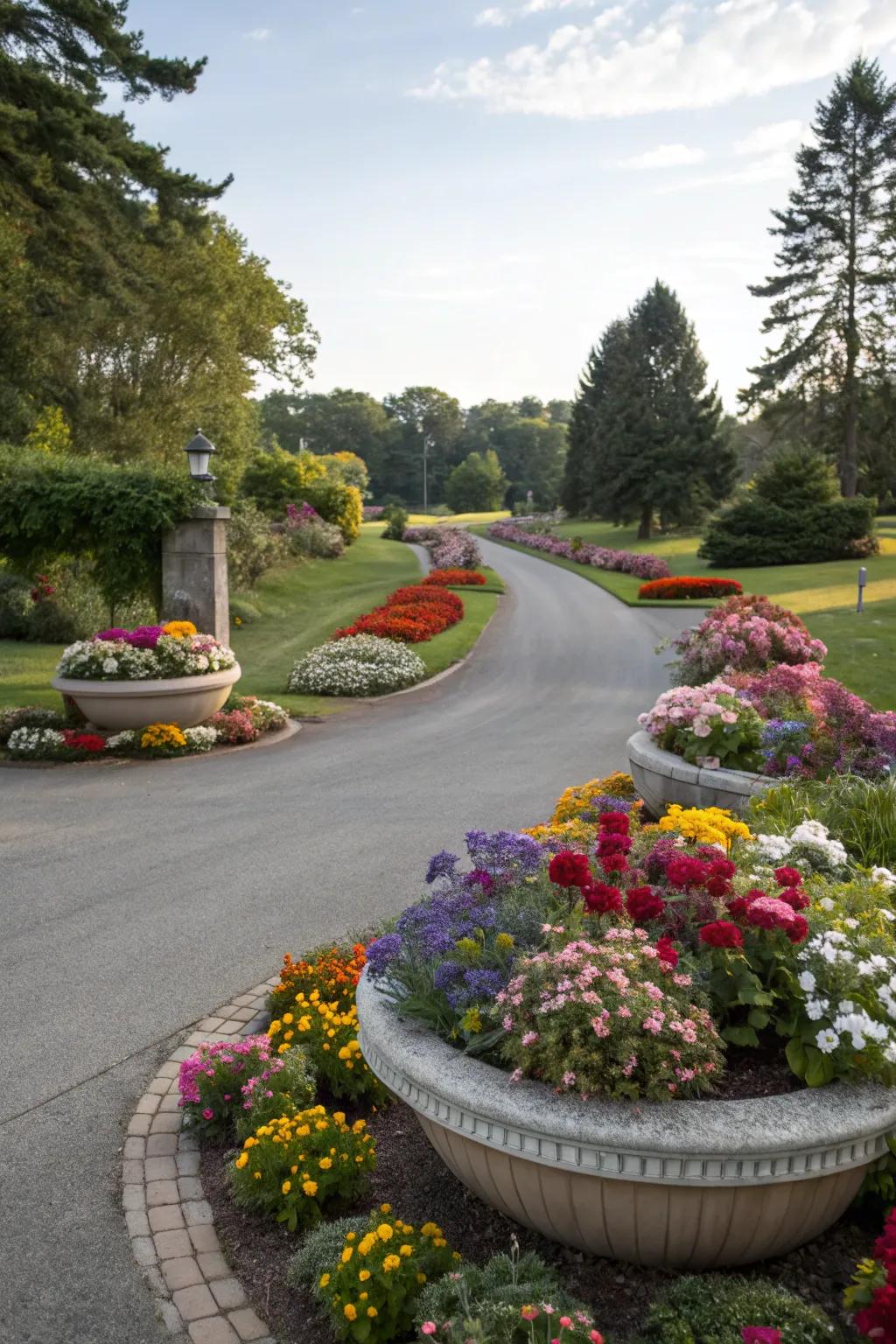 Circular flower beds introduce a burst of color and allure to your driveway’s entryway.