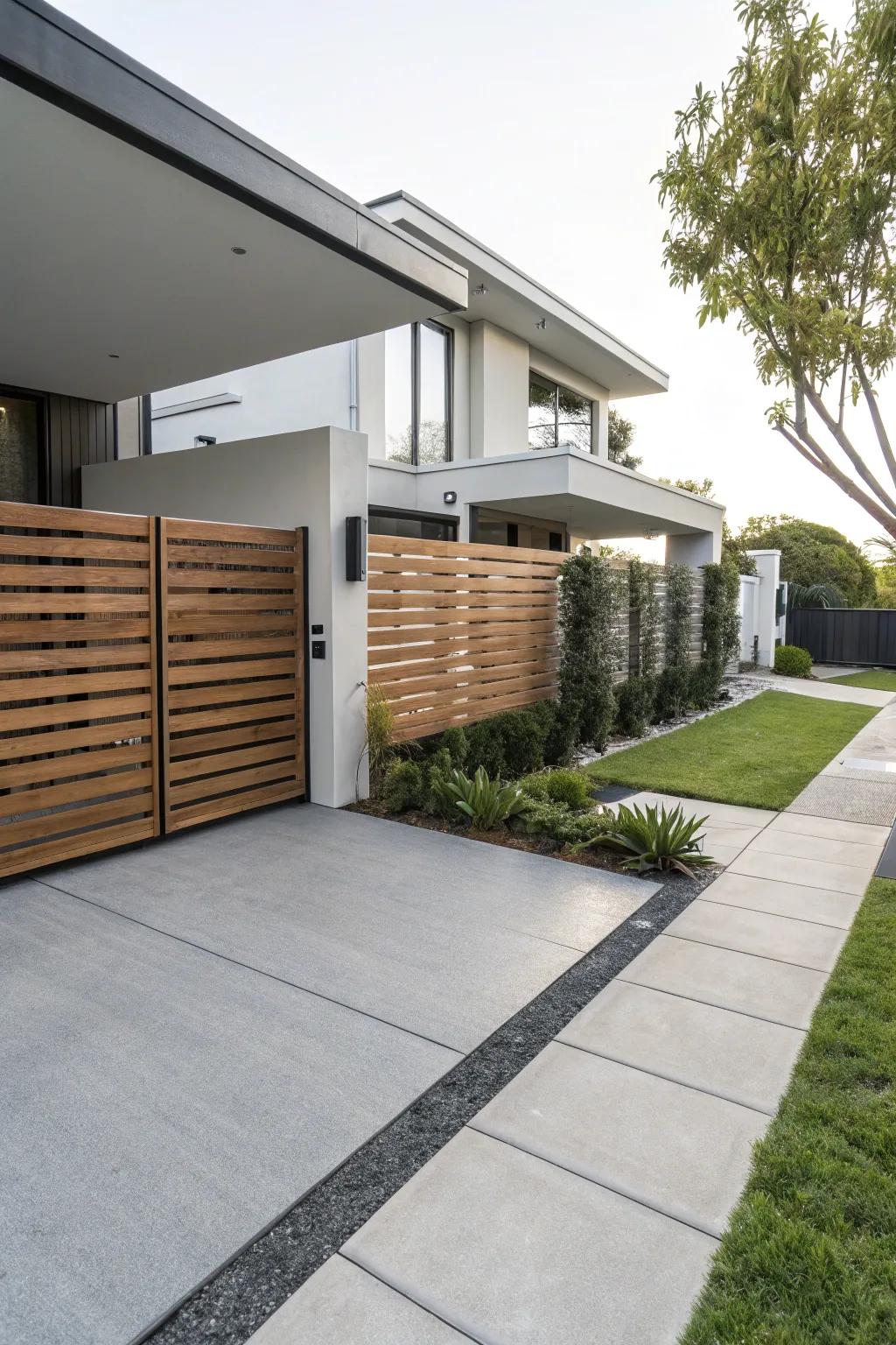 Modern horizontal wood panels deliver a refined touch to your driveway.