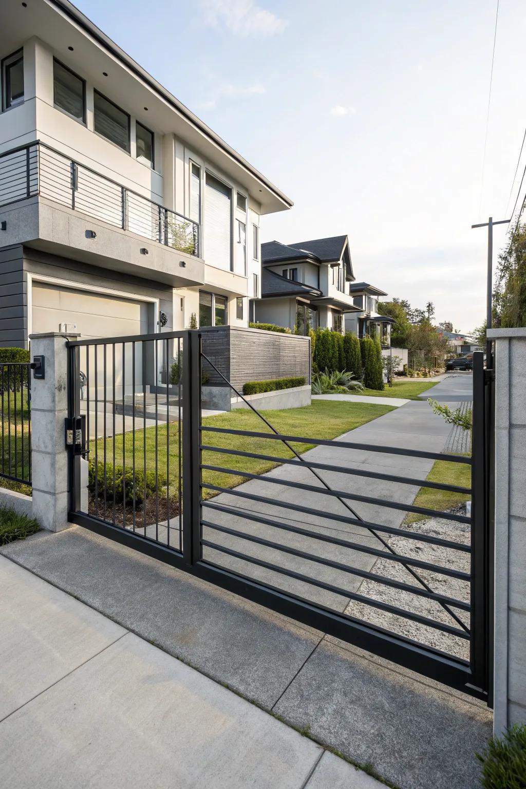 A refined metal gate amplifies the contemporary allure of this urban dwelling.