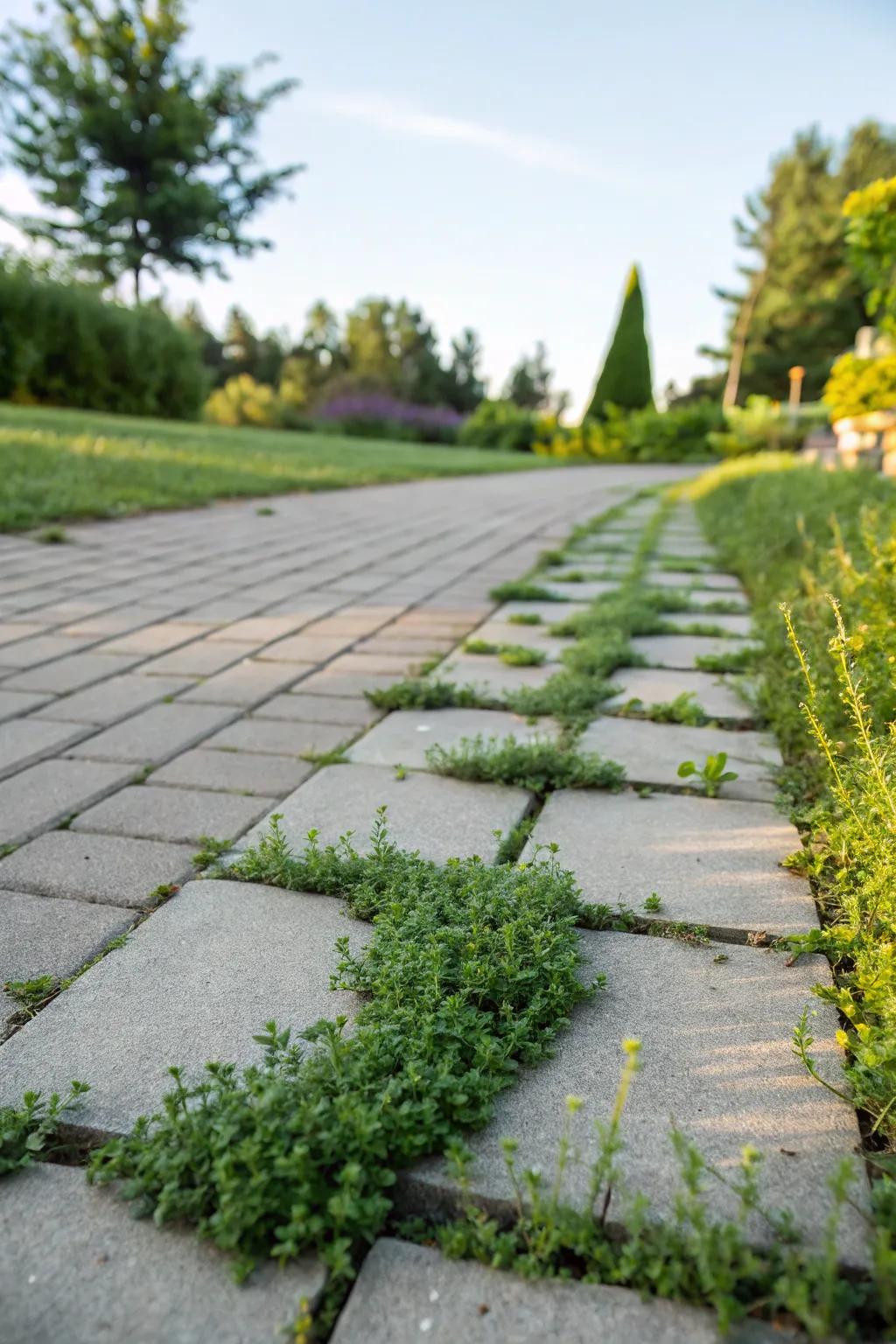 A traditional stone pathway elevated with abundant green highlights.