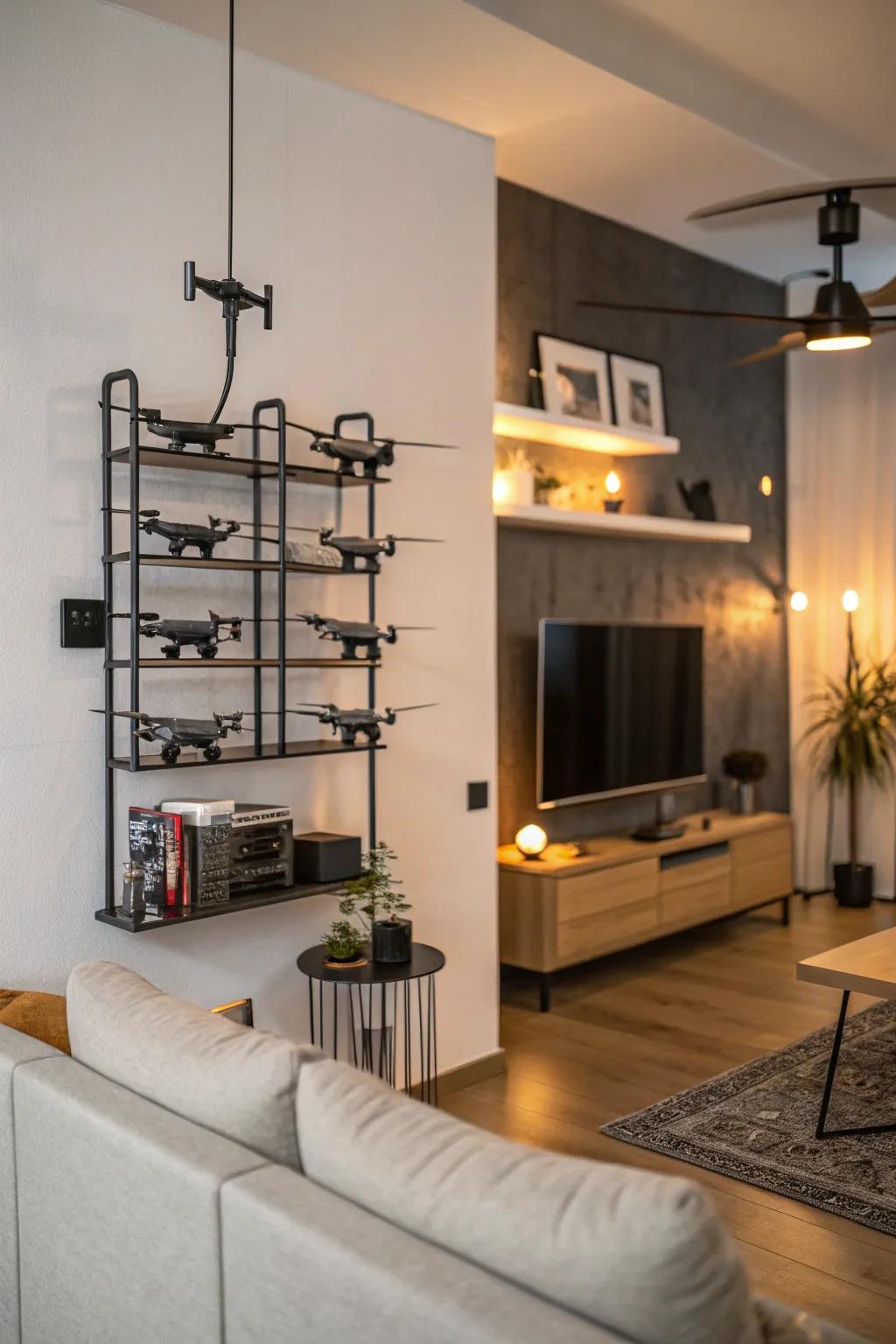 Elevate your drone storage with stylish wall-mounted racks.