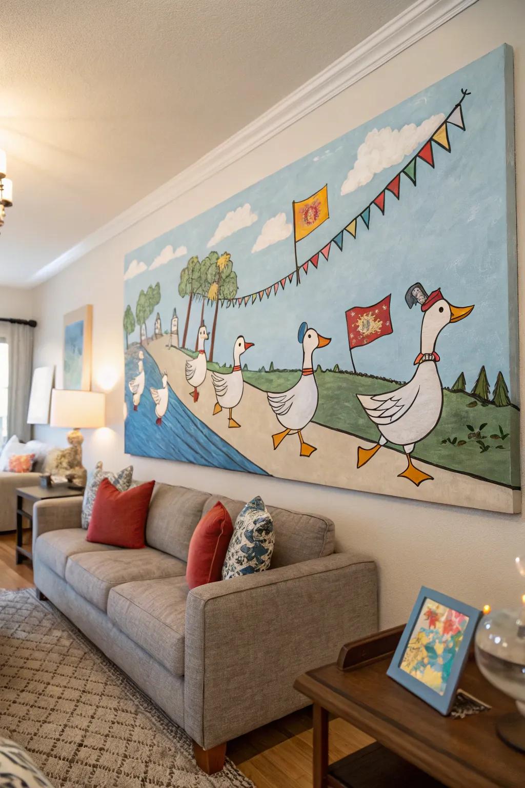 A playful duck procession brings a touch of whimsy to any space.