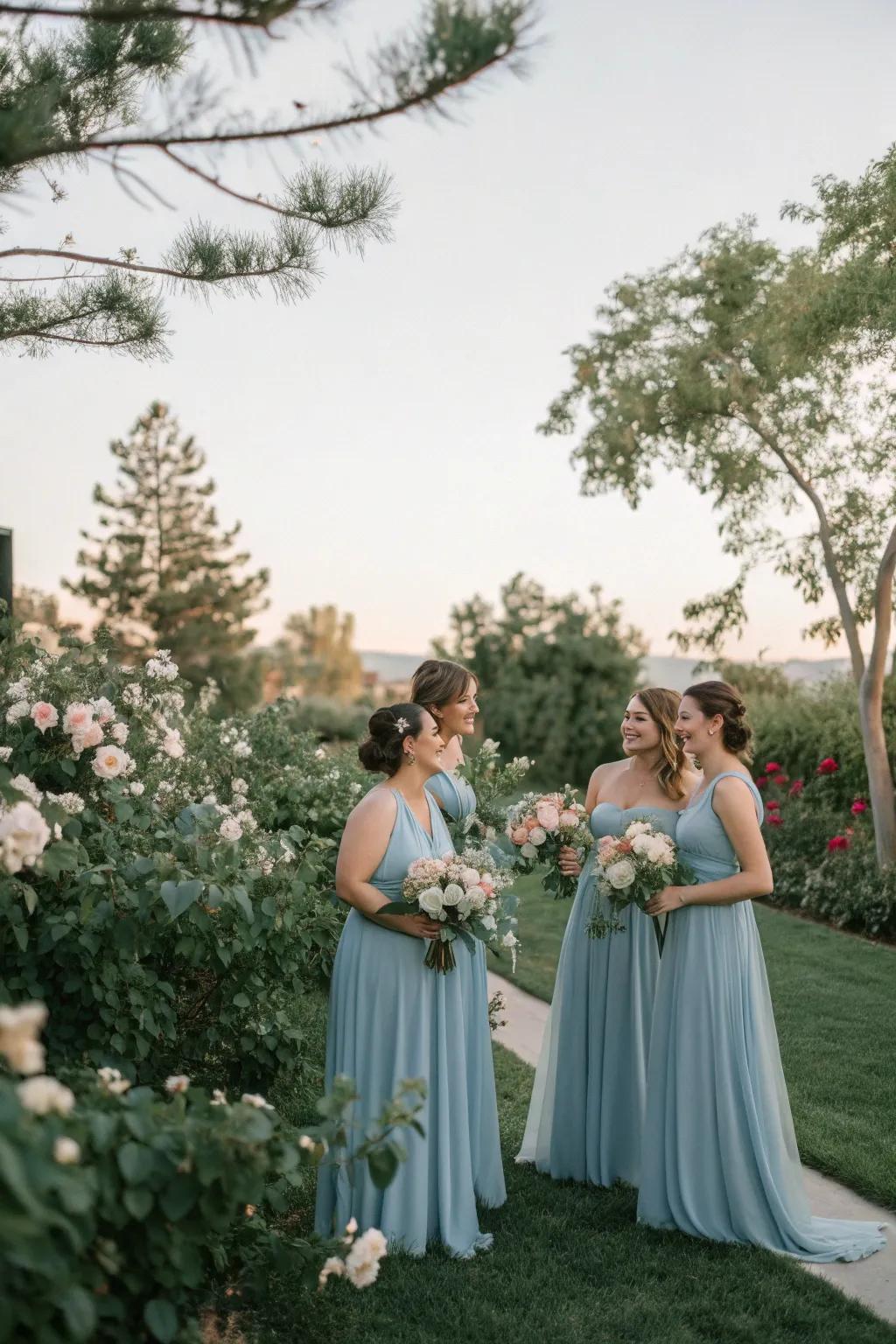 Bridesmaids beautifully styled in dusty blue dresses that complement any wedding theme.