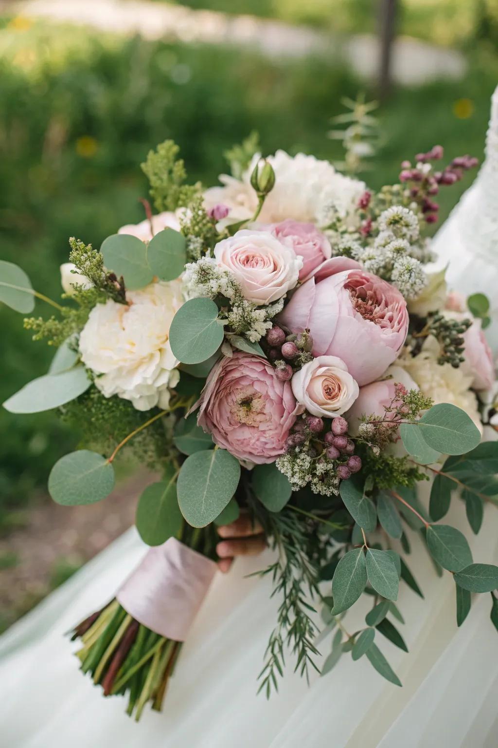 A magnificent rose blush arrangement complemented by vibrant greenery.