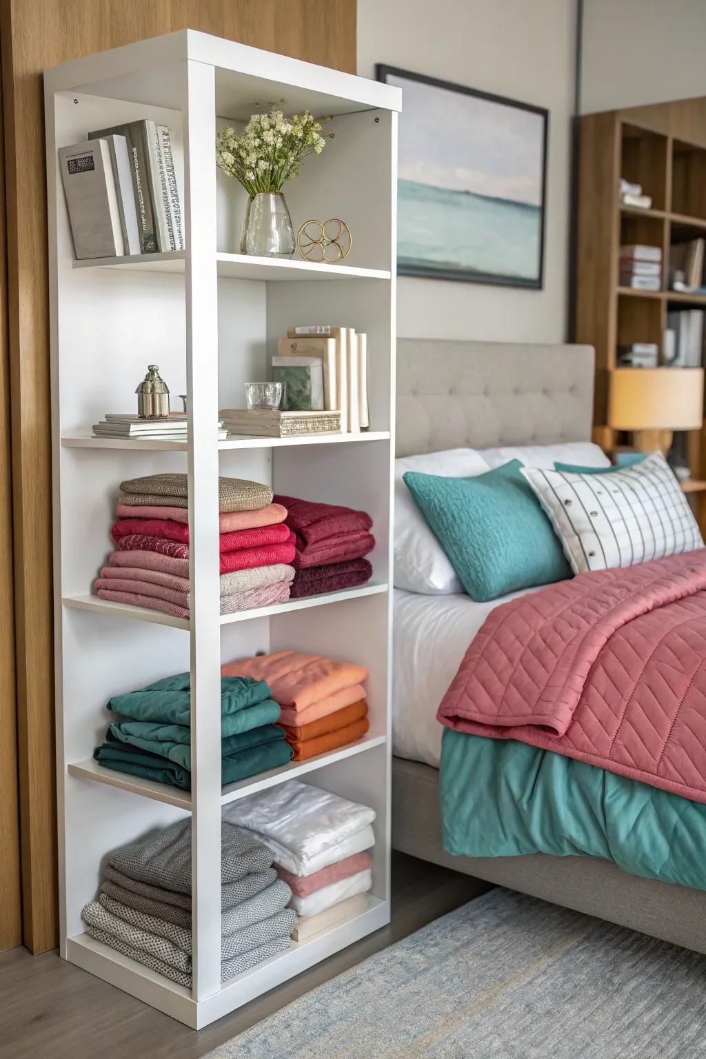 Comforters neatly arranged on a modern shelving unit.