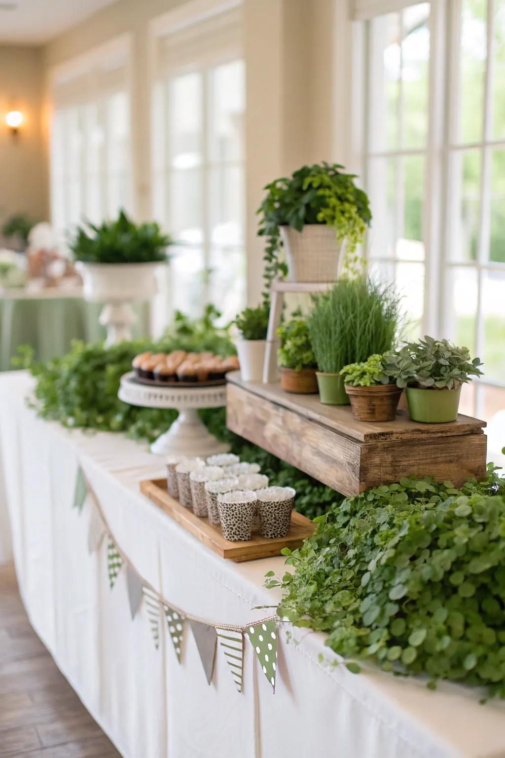 Lush greenery establishes the mood for an organic baby shower.