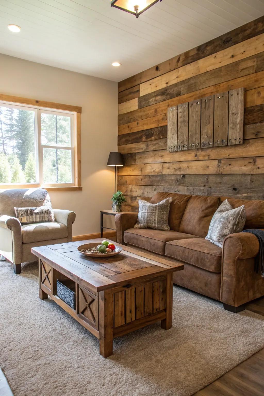 Living room showcasing furniture made from recycled wood and an accent wall.