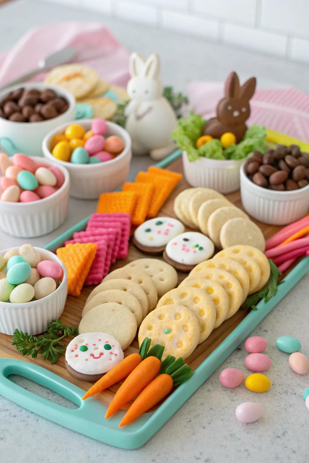 A whimsical, bunny-themed Easter board filled with colorful candies and treats.