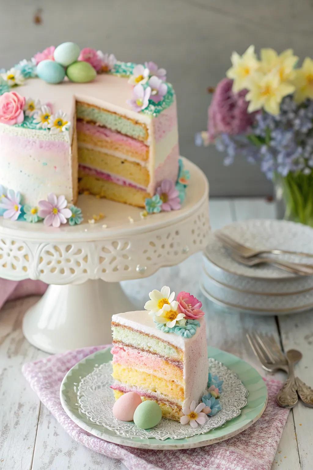 An adorable pastel rainbow cake, ideal for Easter festivities.