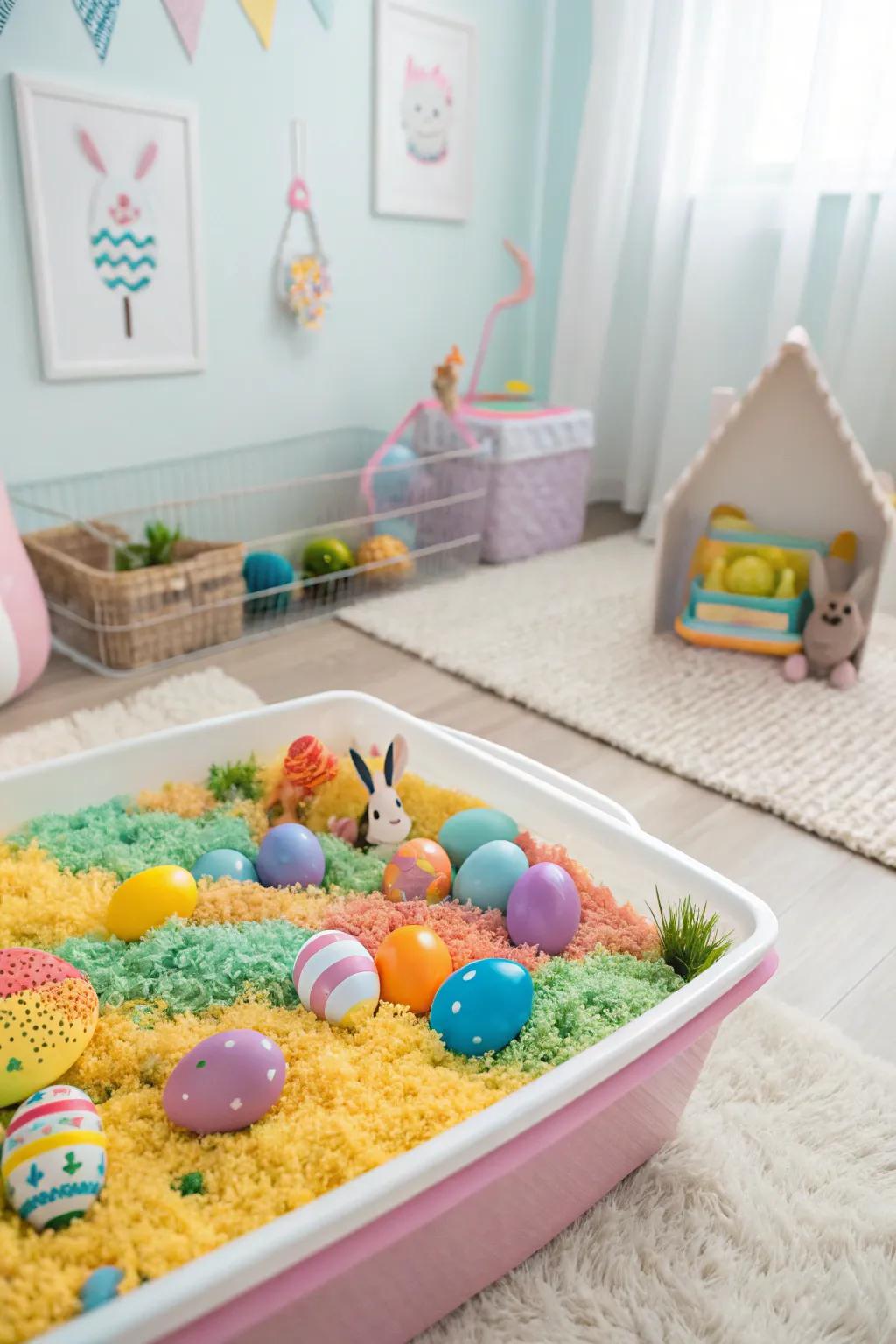 An exuberant Easter sensory station ideal for inquisitive toddlers.