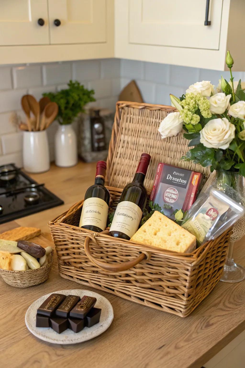 Indulge in a gourmet gift basket filled with delightful treats.