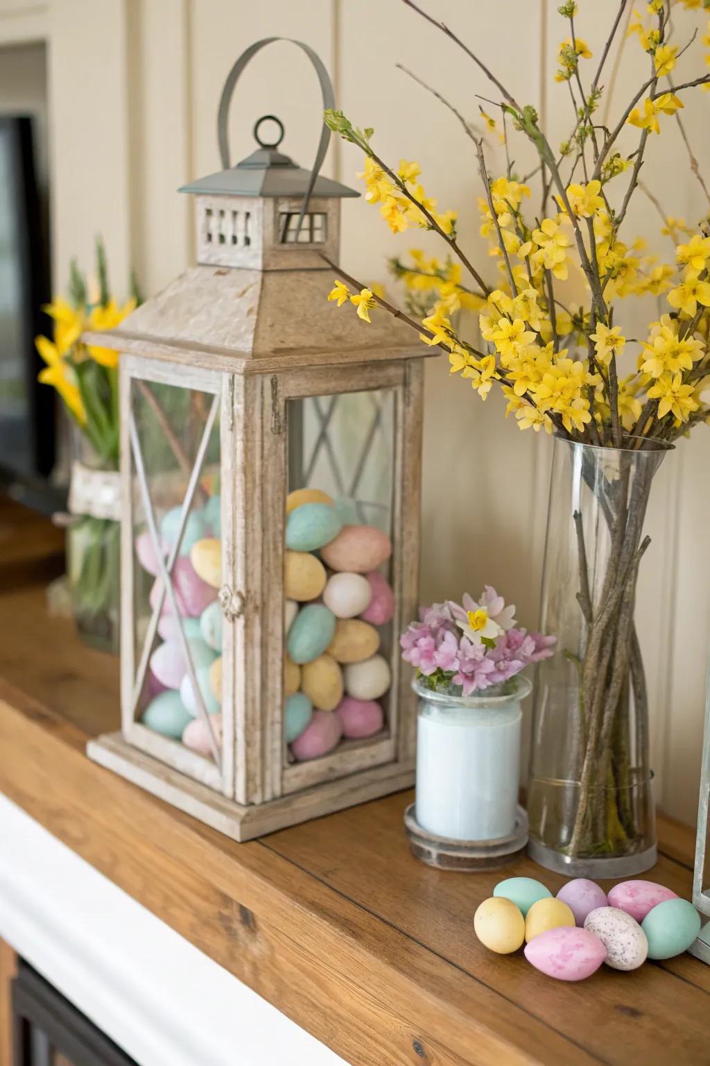 A timeless touch achieved by placing pastel Easter eggs inside a lantern.