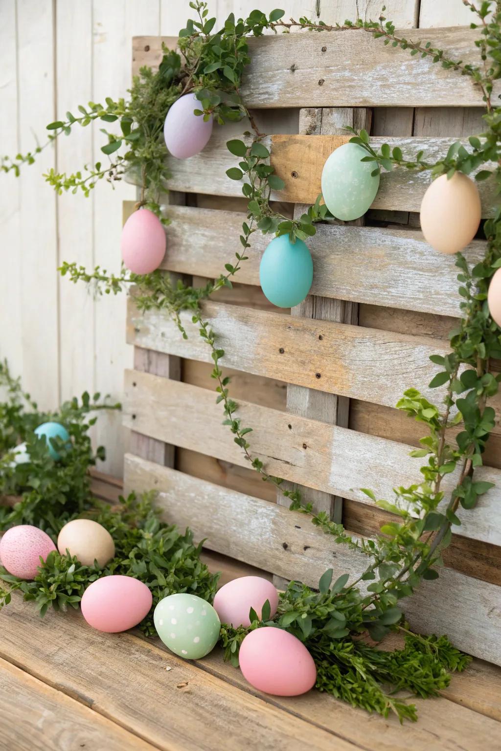 Country wood boards adorned with Easter decorations create a charming photo backdrop.