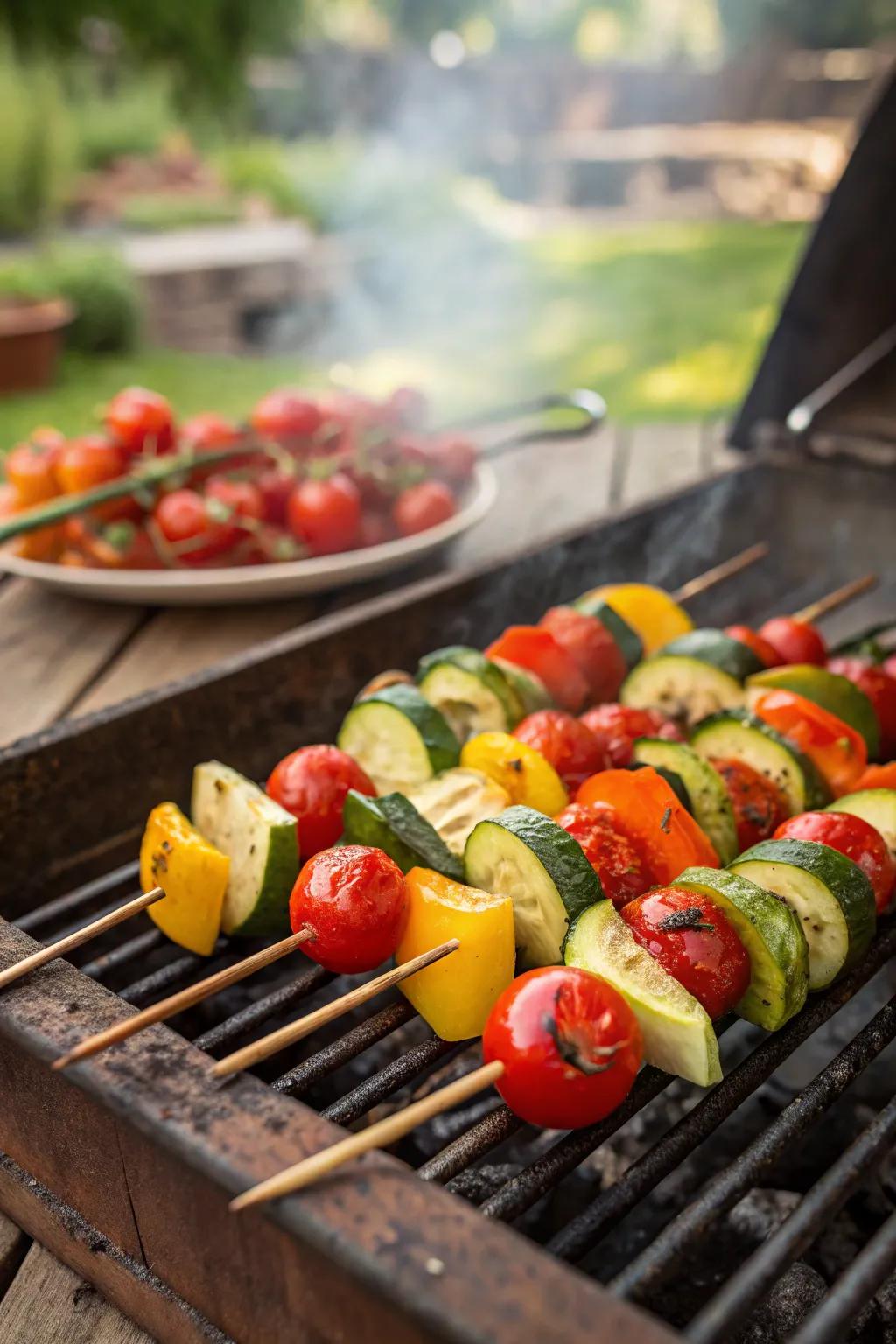 Colorful veggie skewers sizzling to perfection in a sunny backyard setting.