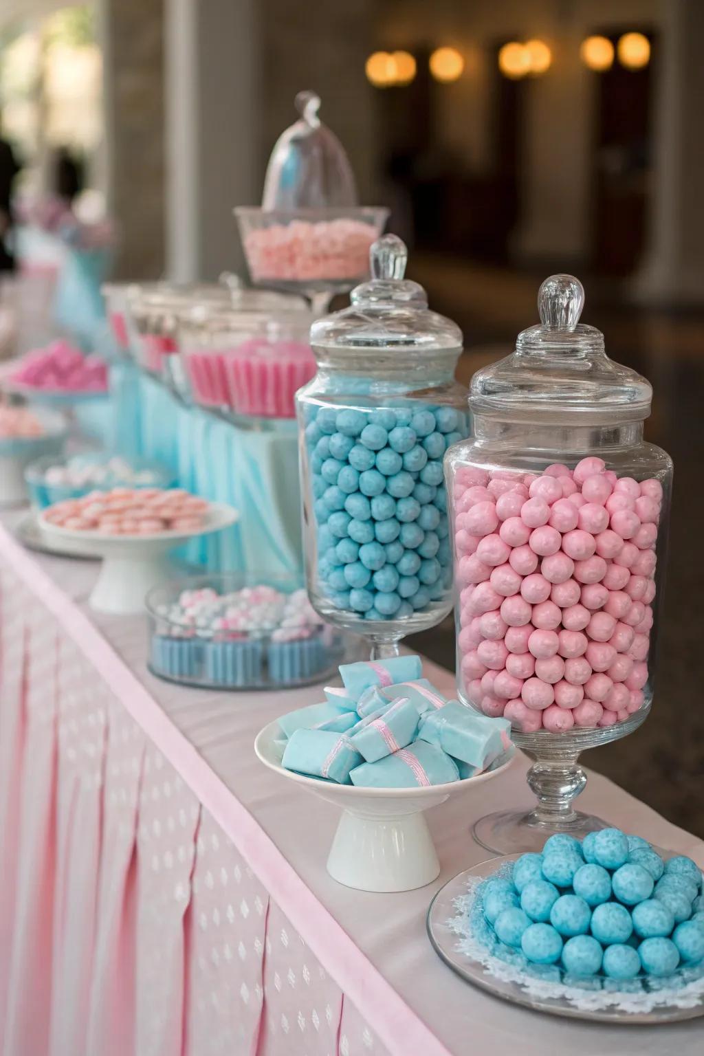 A pastel-toned candy display ideal for a baby shower.