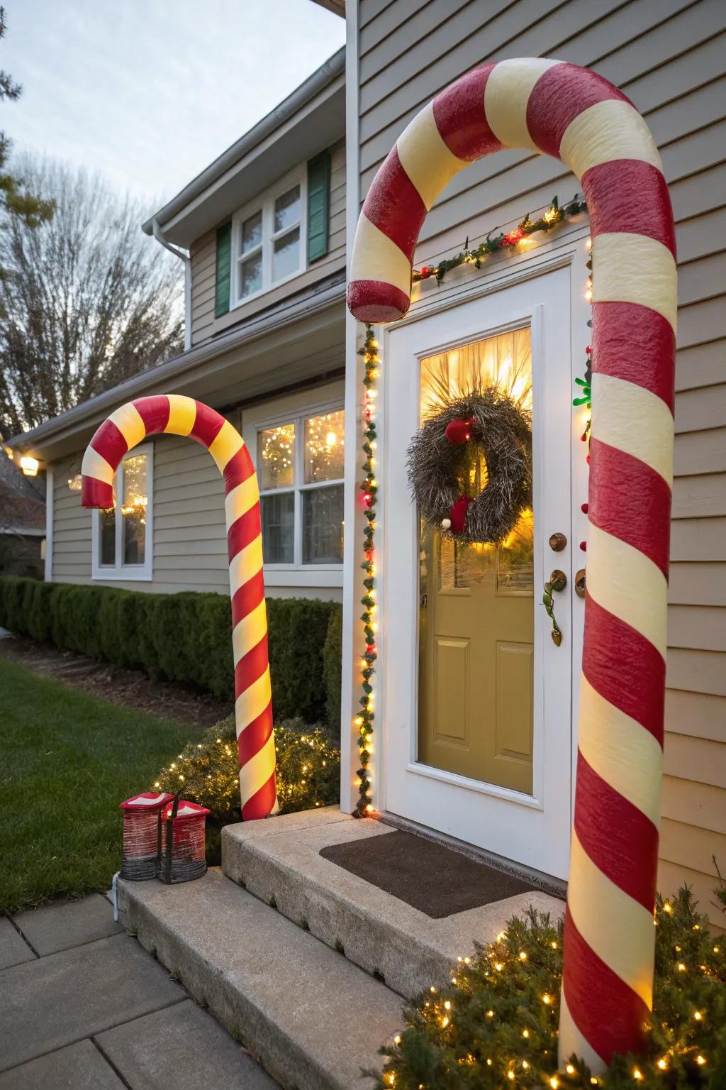 Buoyant tubes transformed into sugar sticks make a delightful door surround.