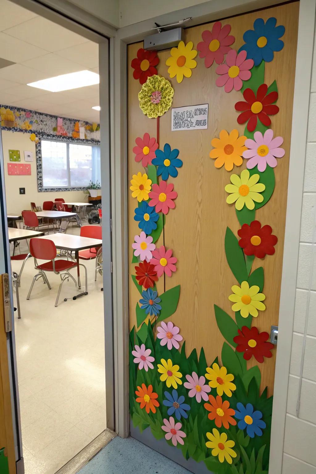 A classroom door adorned with a vibrant array of paper blossoms, bringing the beauty of spring indoors.