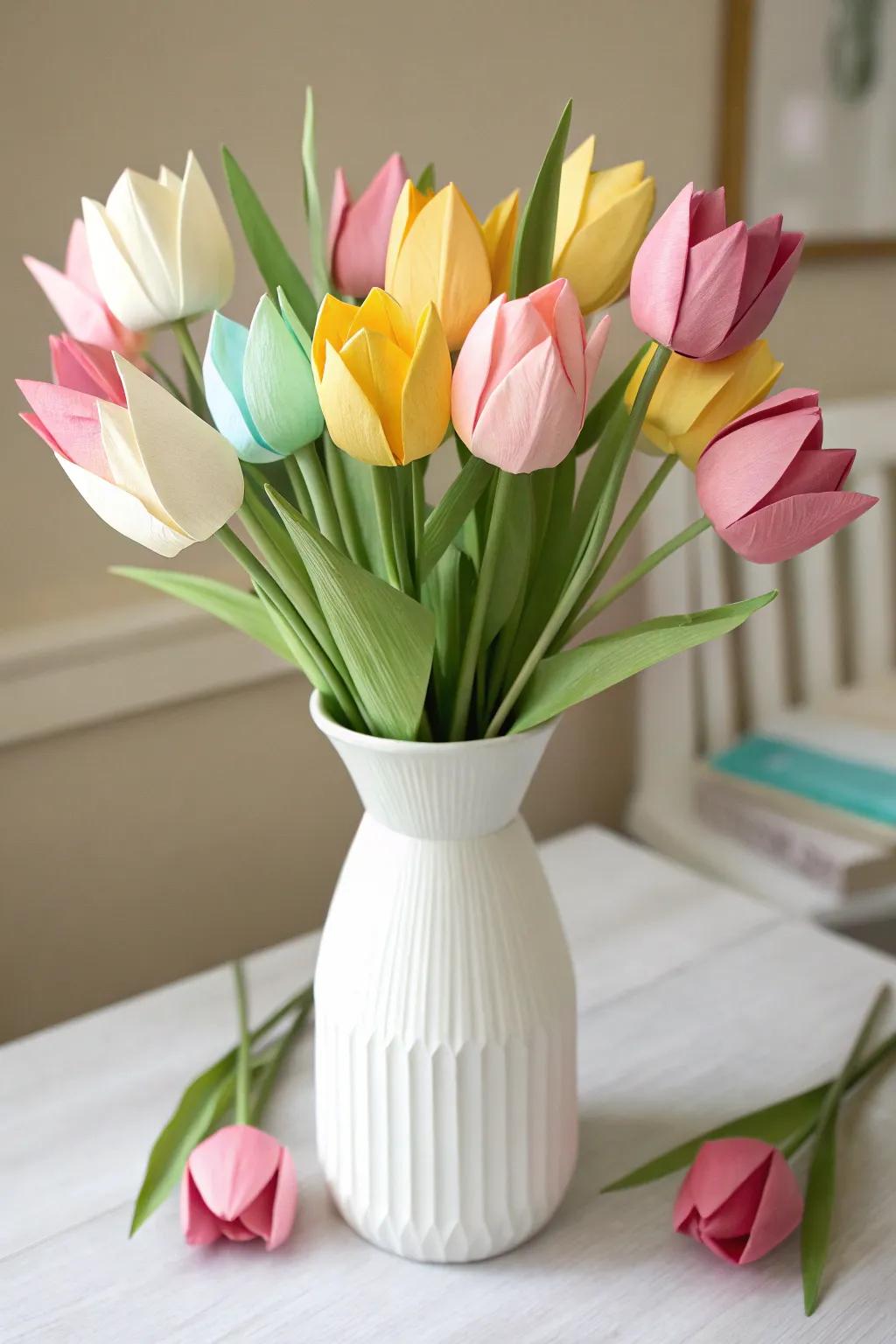 Brighten your space with a handcrafted floral paper arrangement, where spring shades complement minimalist design.