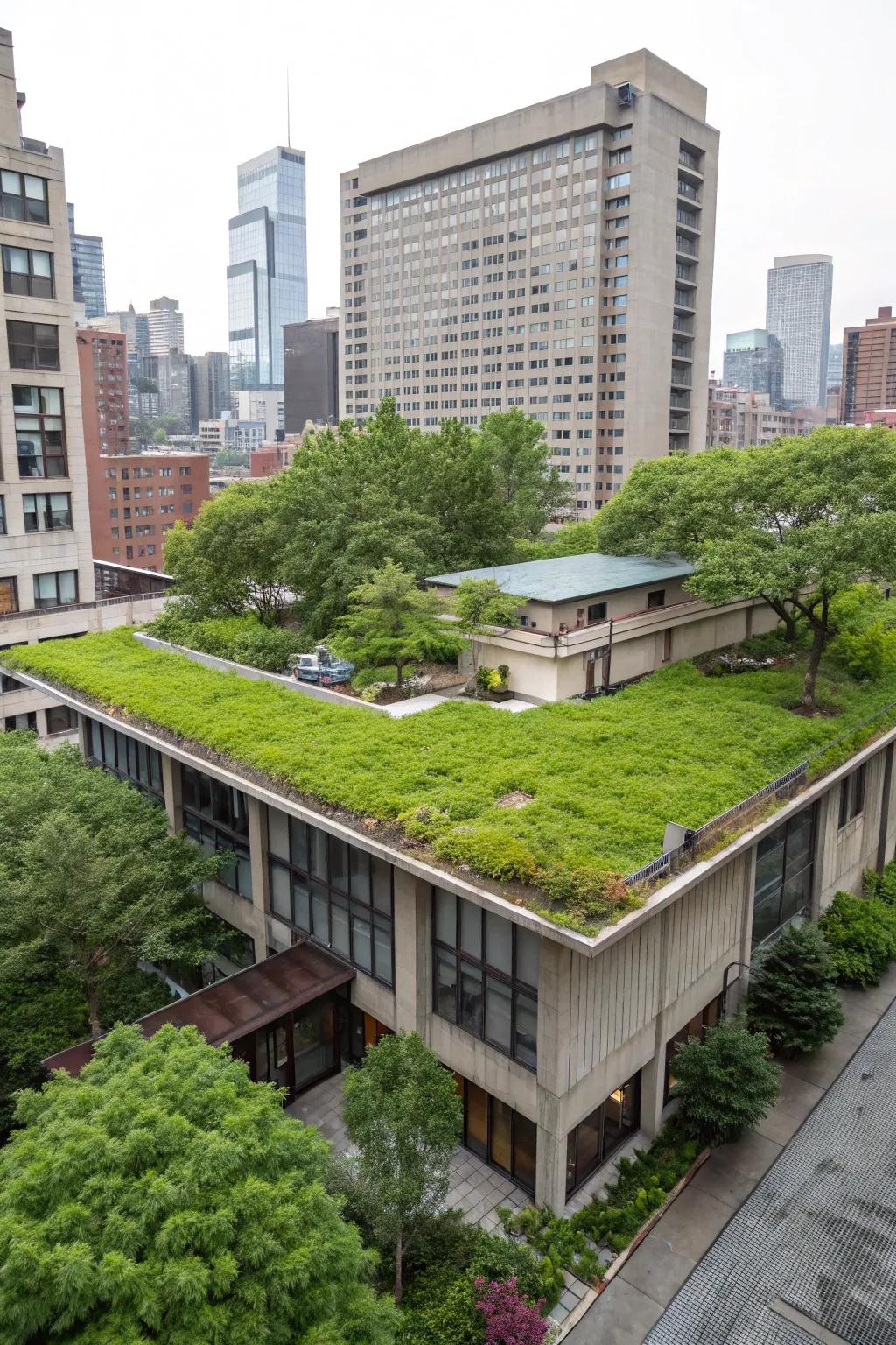 A residential structure displaying a lively vegetated roof in an urban setting.