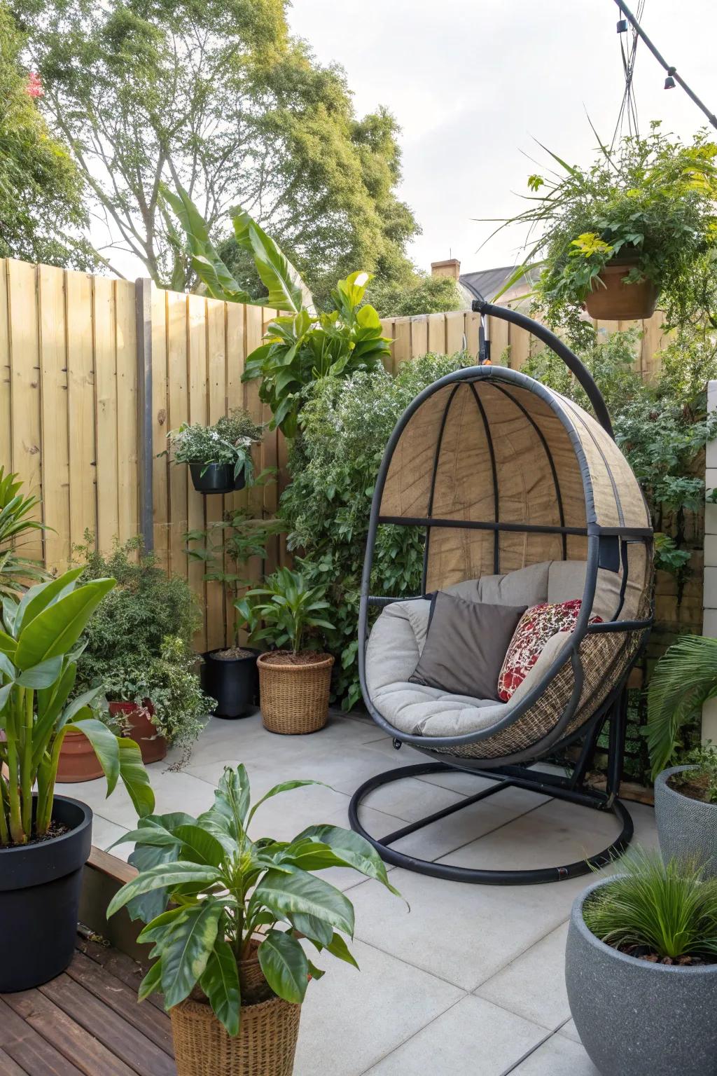 Create a tropical oasis with a suspended lounge chair amidst lush greenery.