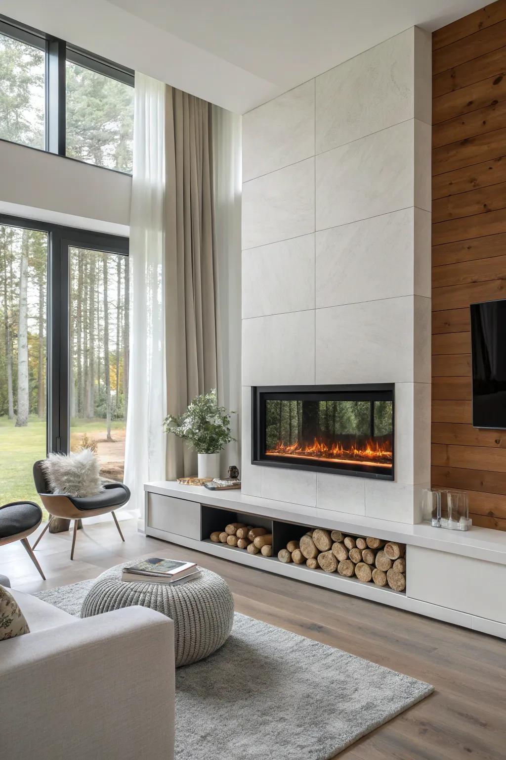 A chic wall-mounted electric fireplace graces a minimalist living space
