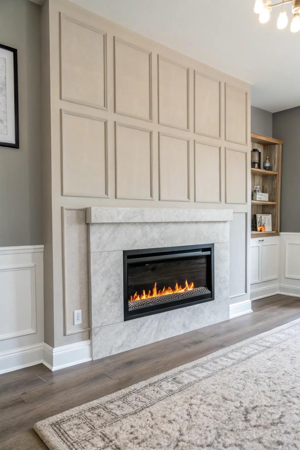 A minimalist living room wall showcasing an electric fireplace with a neutral palette.