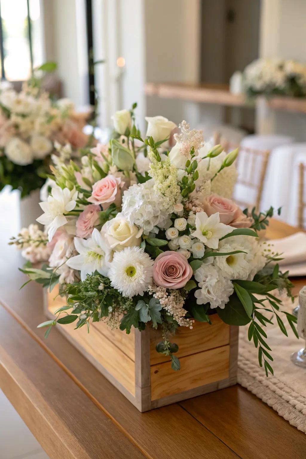 A lavish floral centerpiece featuring gentle pastel shades.