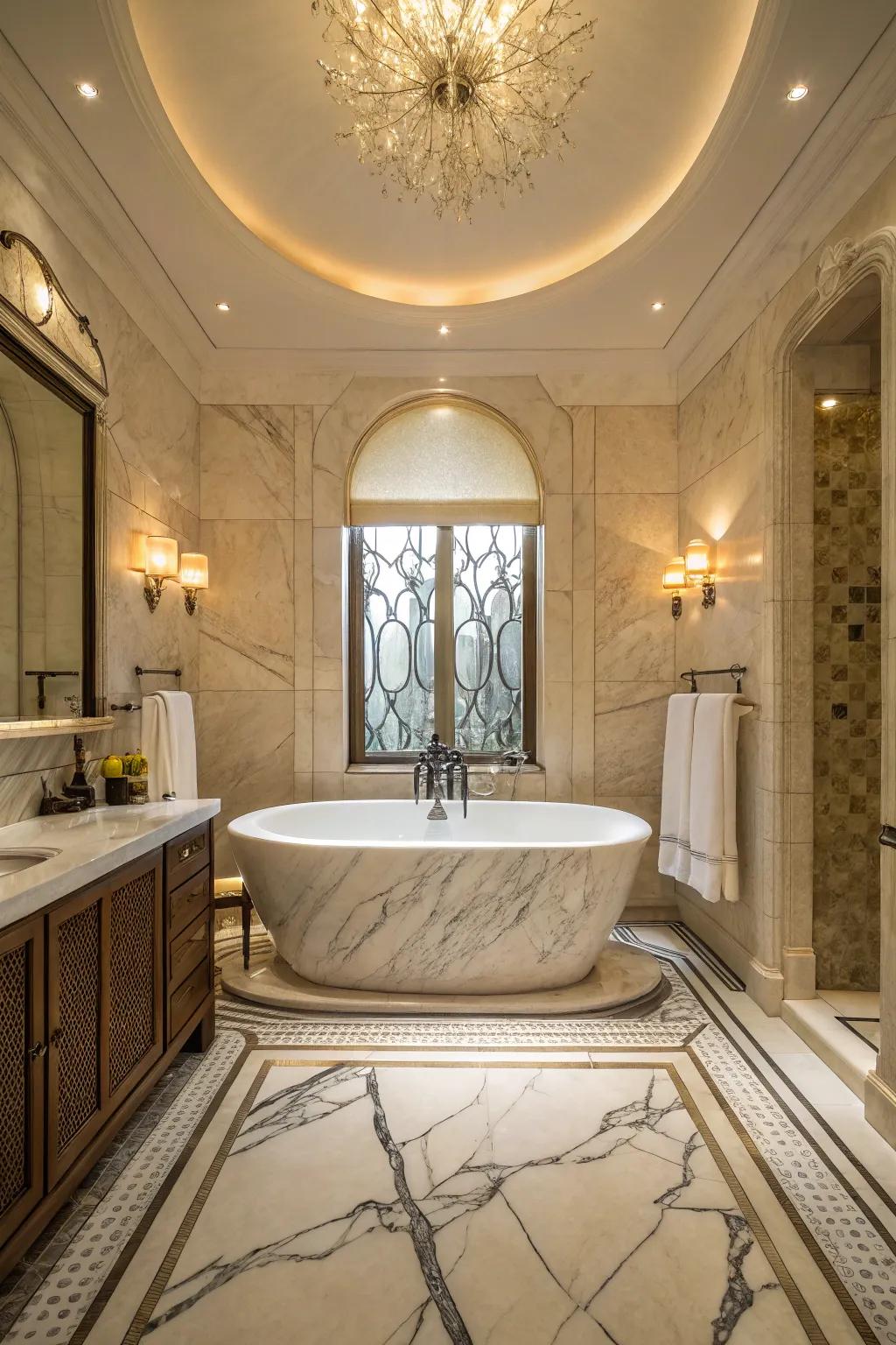 A standalone bathtub in a lavish setting, bordered by marble.