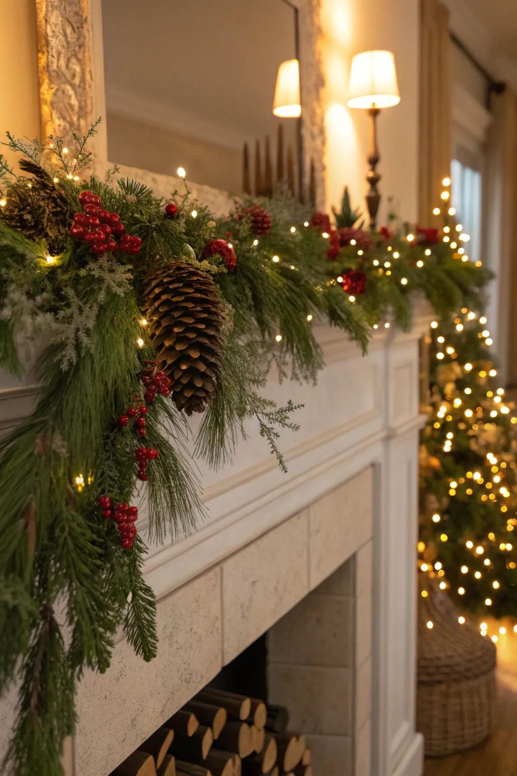 An abundant garland paired with fairy lights creates a captivating ambiance.