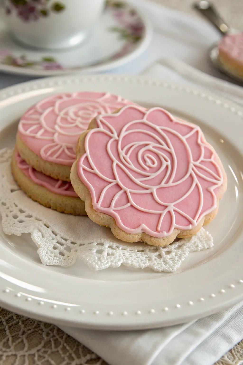 Classic rose biscuits displaying detailed pink icing designs.