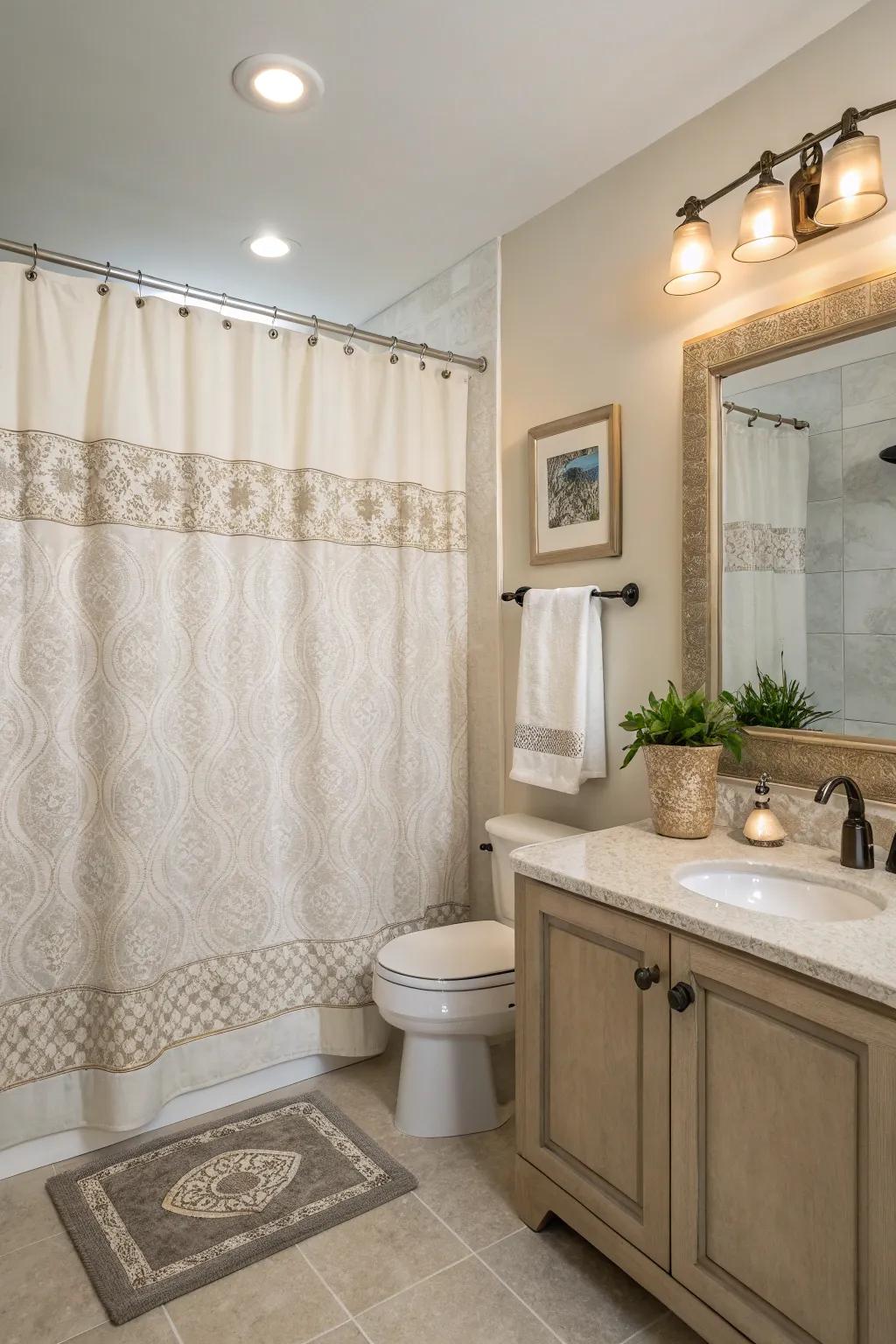 A bathroom showcases a timeless, neutral shower curtain for an elegant and enduring appeal.