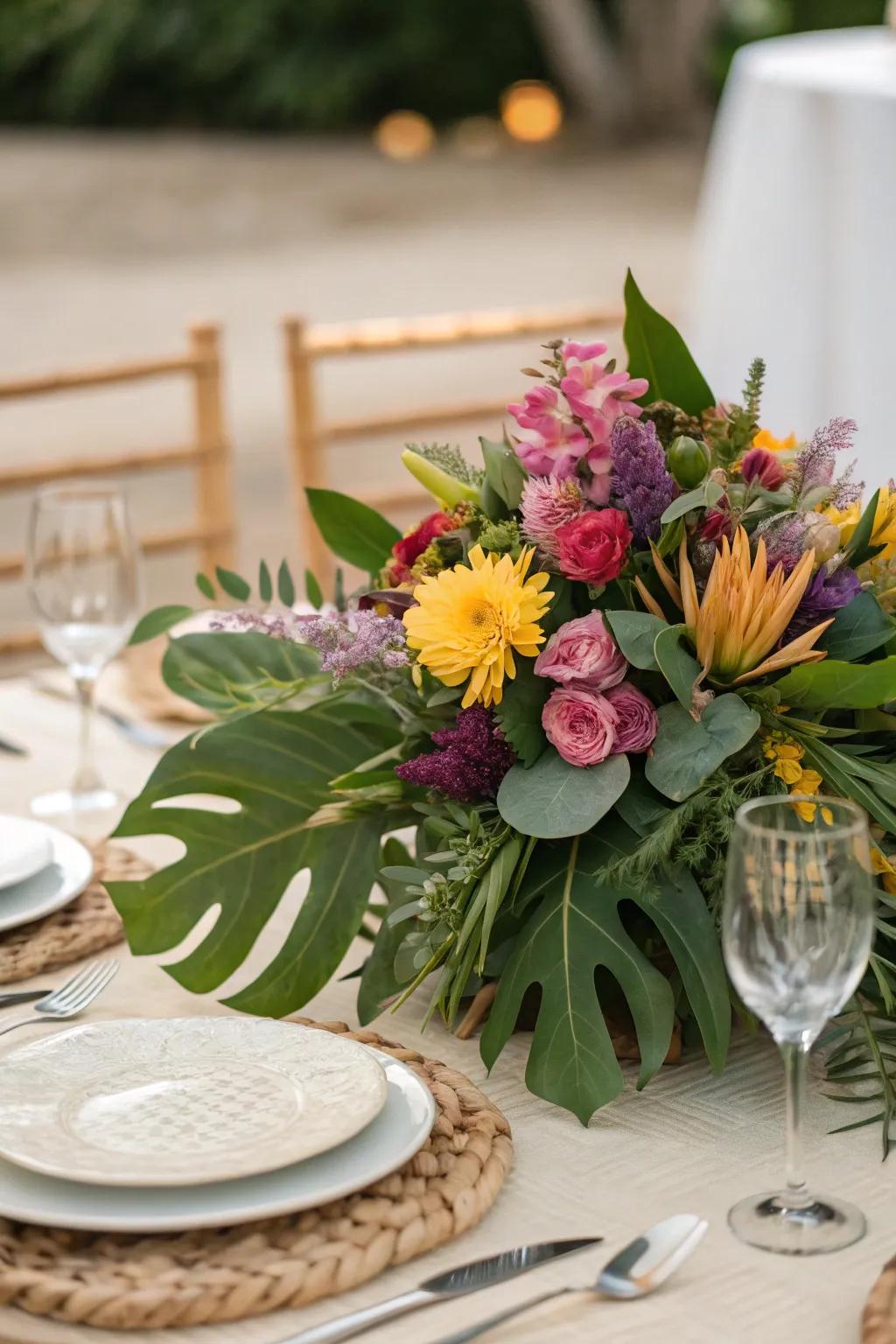 A vibrant floral centerpiece brings a touch of elegance to the table.