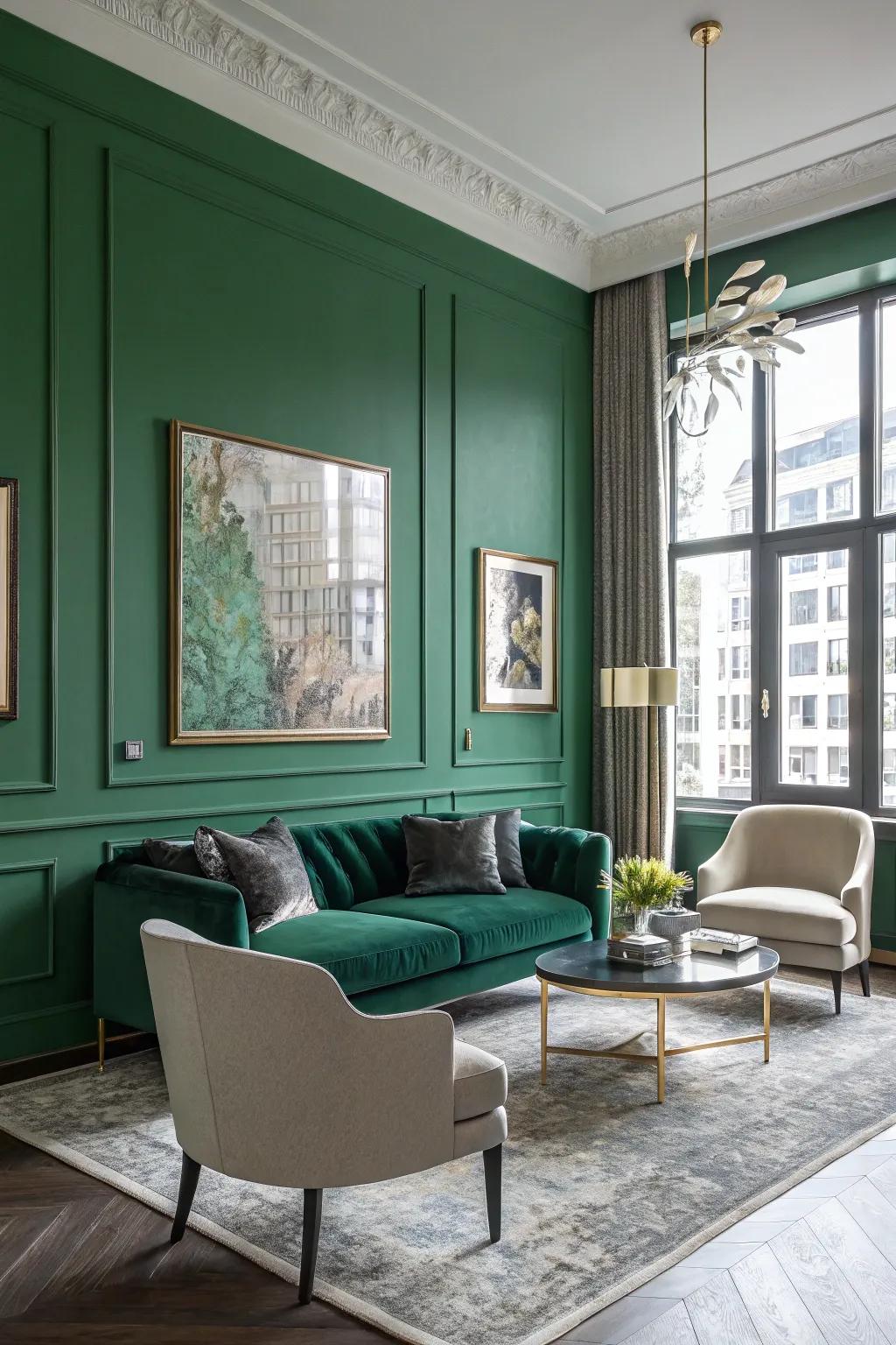 A dynamic emerald green wall elevates a modern living area.