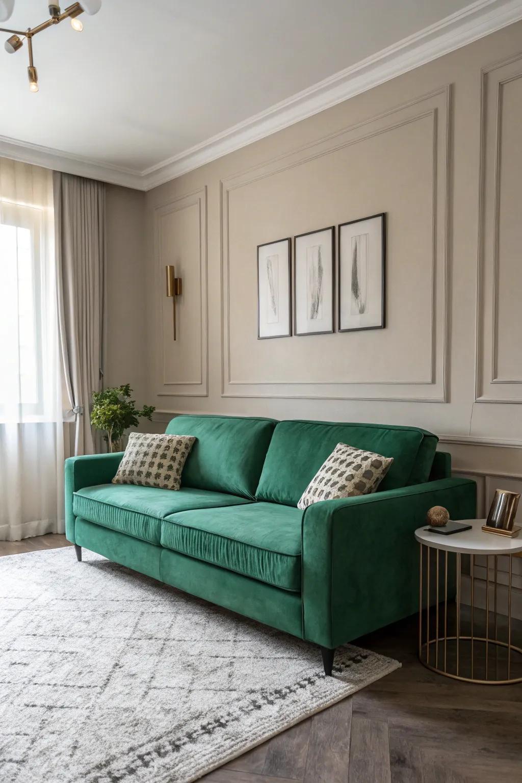 A verdant couch truly pops when set against calm, neutral walls.