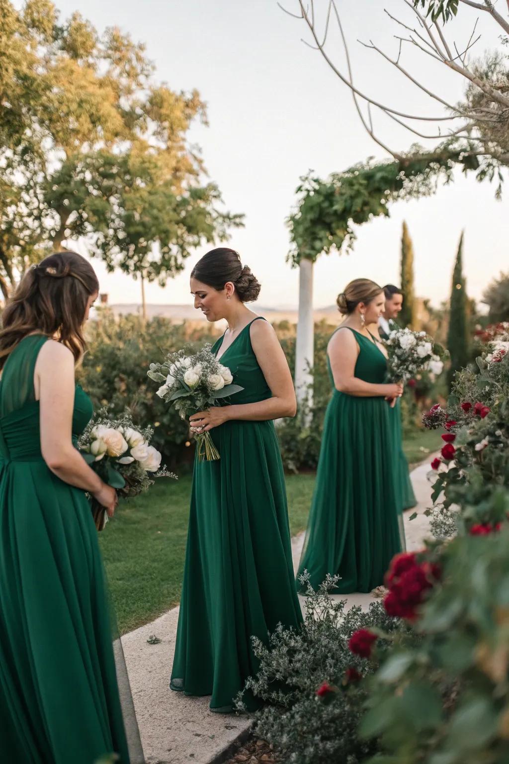 Bridesmaids looking stunning in verdant gowns at an outdoor wedding.